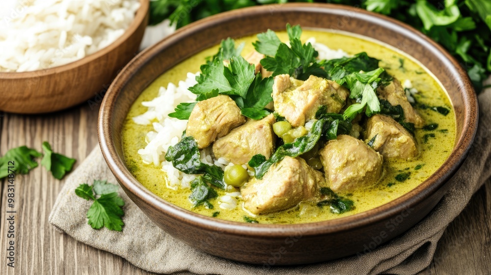 A delightful serving of gwamsi, featuring tender pork alongside rice and fresh greens, presented elegantly on a rustic wooden table