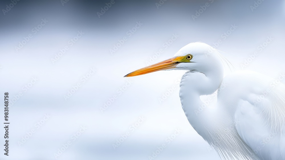 A tight shot of a white bird with a lengthy neck and bright orange beak against a backdrop of clear blue sky A tight shot of a white bird with a lengthy neck and bright orange beak against a backdrop of clear blue sky