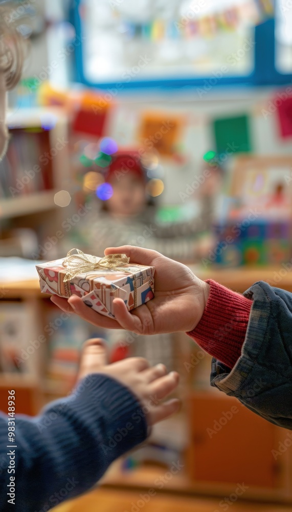 World Teachers Day Celebration: Student Giving Small Gift to Teacher in Classroom Setting World Teachers Day Celebration: Student Giving Small Gift to Teacher in Classroom Setting