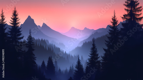 Illustration, Serene mountain vista, soft sunrise hues, misty valleys, warm glow