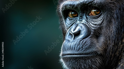  A tight shot of a monkey's focused face against a softly blurred backdrop