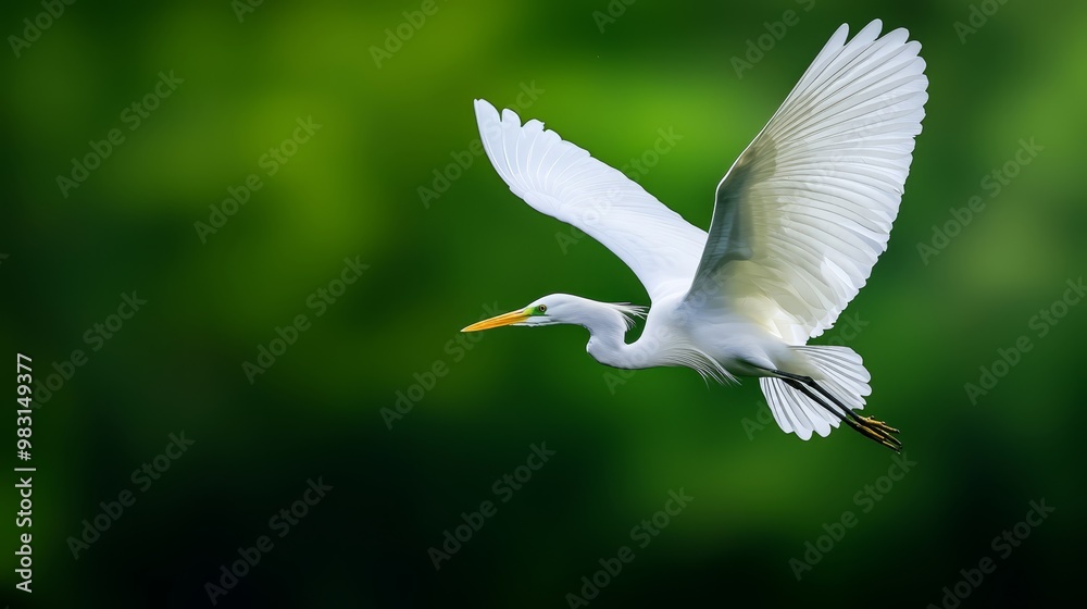 Obraz premium A white bird flies through the air with its wings spread and yellow beak open