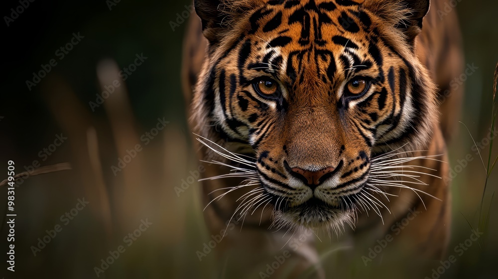 A tight shot of a tiger's face with grass before it in the foreground A tight shot of a tiger's face with grass before it in the foreground