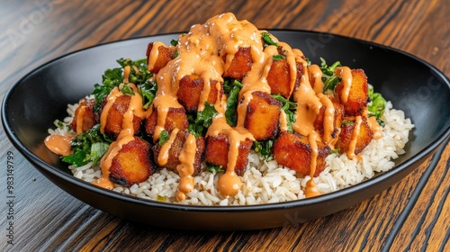 A delightful serving of gwamsi, featuring tender pork alongside rice and fresh greens, presented elegantly on a rustic wooden table photo