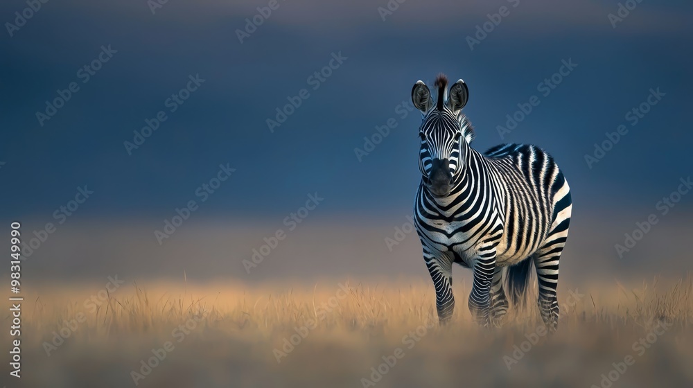 Fototapeta premium A zebra stands amidst a dry grass field, darkened by an ominous sky Few clouds scatter the heavens above