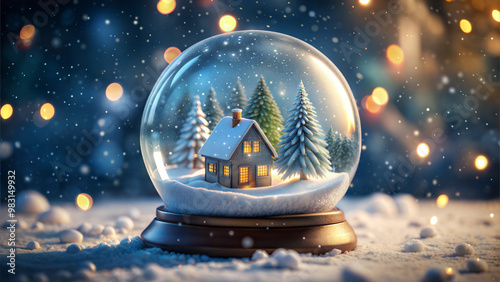 Snow globe with a cozy house and snow-covered trees, warm ambiance, Christmas theme, evening background