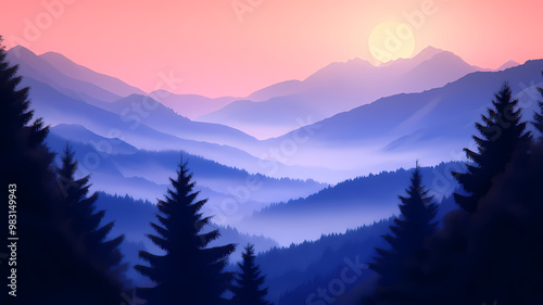 Illustration, Serene mountain vista, soft sunrise hues, misty valleys, warm glow