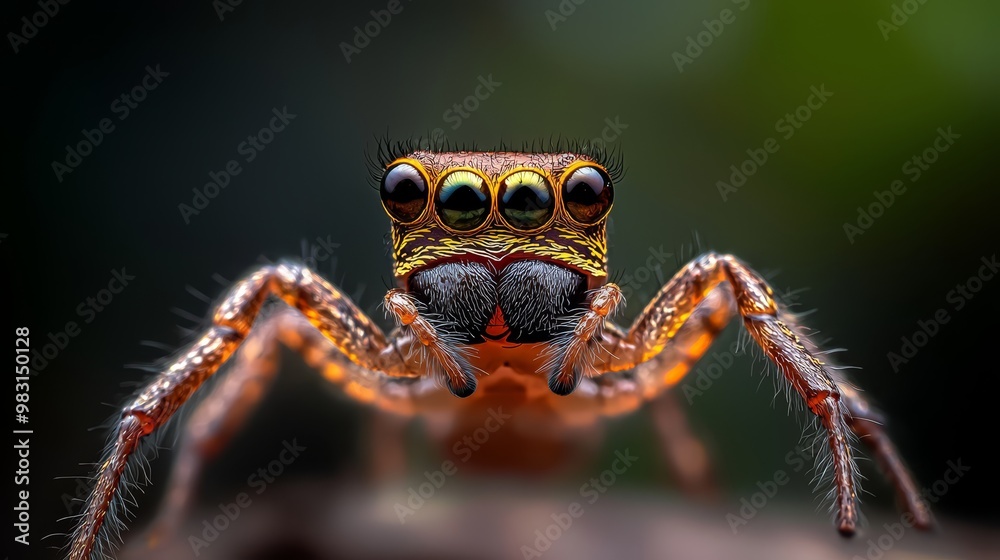 A tight shot of a spider's face on a weathered wood plank, backed by out-of-focus foliage A tight shot of a spider's face on a weathered wood plank, backed by out-of-focus foliage