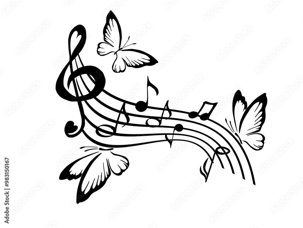 Music notes on wavy lines with butterflies, musical pattern, hand drawing. Not AI. Vector illustration. Music notes on wavy lines with butterflies, musical pattern, hand drawing. Not AI. Vector illustration.