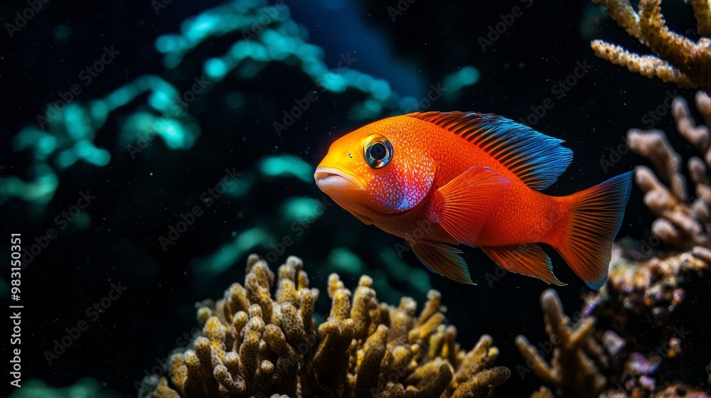 A tight shot of a fish against a backdrop of corals, with corals extending into the background, and clear water at the front A tight shot of a fish against a backdrop of corals, with corals extending into the background, and clear water at the front
