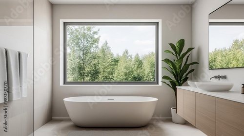 Neutral-toned bathroom with large window, open space, and natural materials, minimalist bathroom, modern serenity