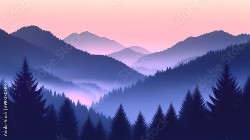 Illustration, Serene mountain vista, soft sunrise hues, misty valleys, warm glow