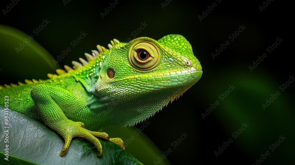 A close-up of a green lizard on a leaf against a black background A close-up of a green lizard on a leaf against a black background