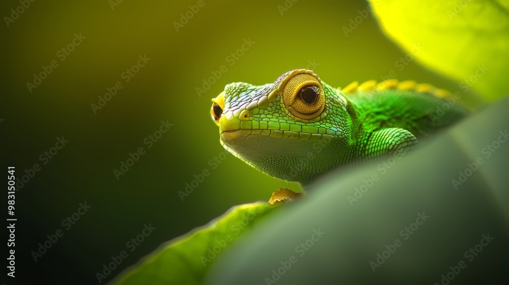 Obraz premium A tight shot of a green-yellow lizard atop a verdant leaf against a dark green backdrop