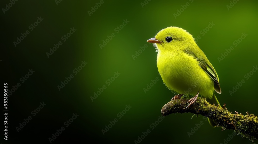 A small yellow bird atop a moss-covered branch against a dark green background A small yellow bird atop a moss-covered branch against a dark green background
