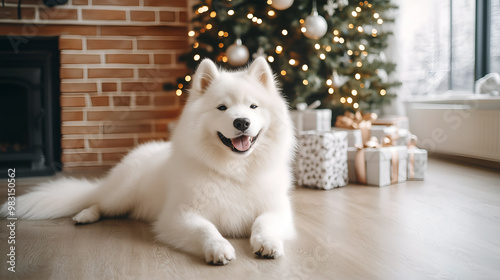 A cheerful Samoyed enjoying Christmas decorations by the festive tree and gifts