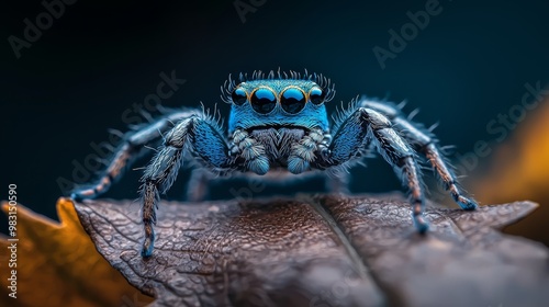 Wallpaper Mural  A tight shot of a blue jumping spider atop a green leaf against a black background, surrounded by golden yellow foliage Torontodigital.ca