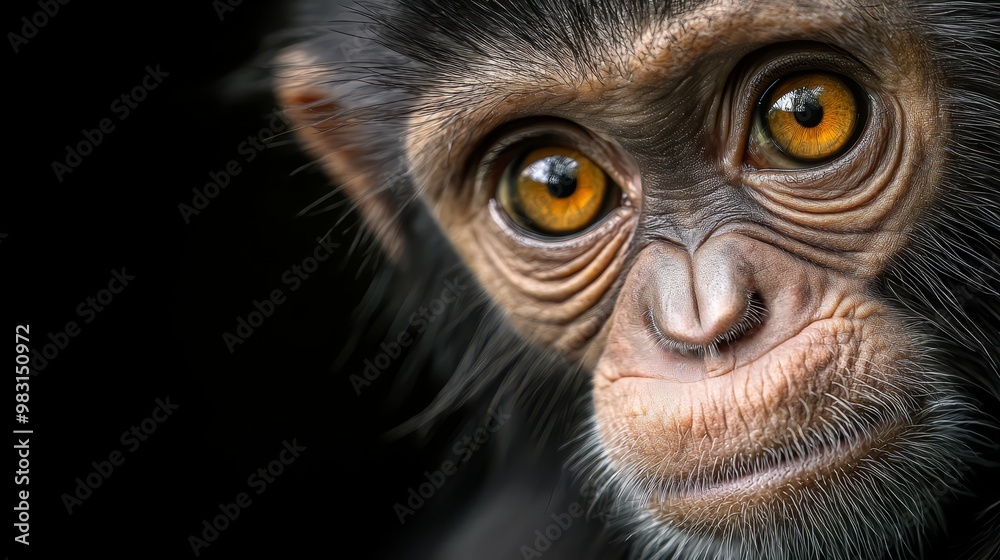 A tight shot of a monkey's face displays its yellow eyes A tight shot of a monkey's face displays its yellow eyes