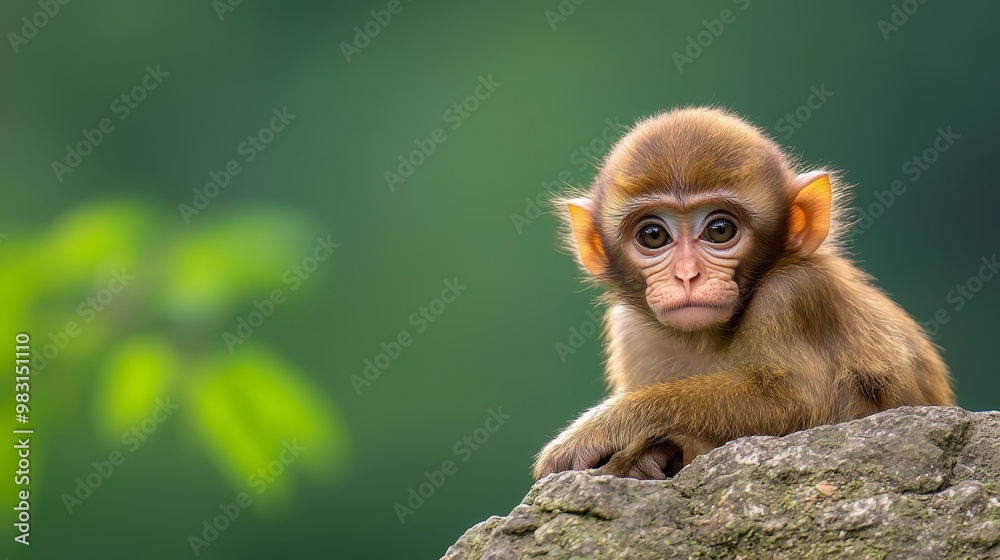 Fototapeta premium A small, brown monkey sits atop a rock, beside a green, leafy tree on a sunny day