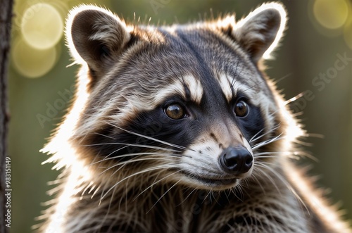 Curious raccoon close-up portrait with expressive eyes and fur detail