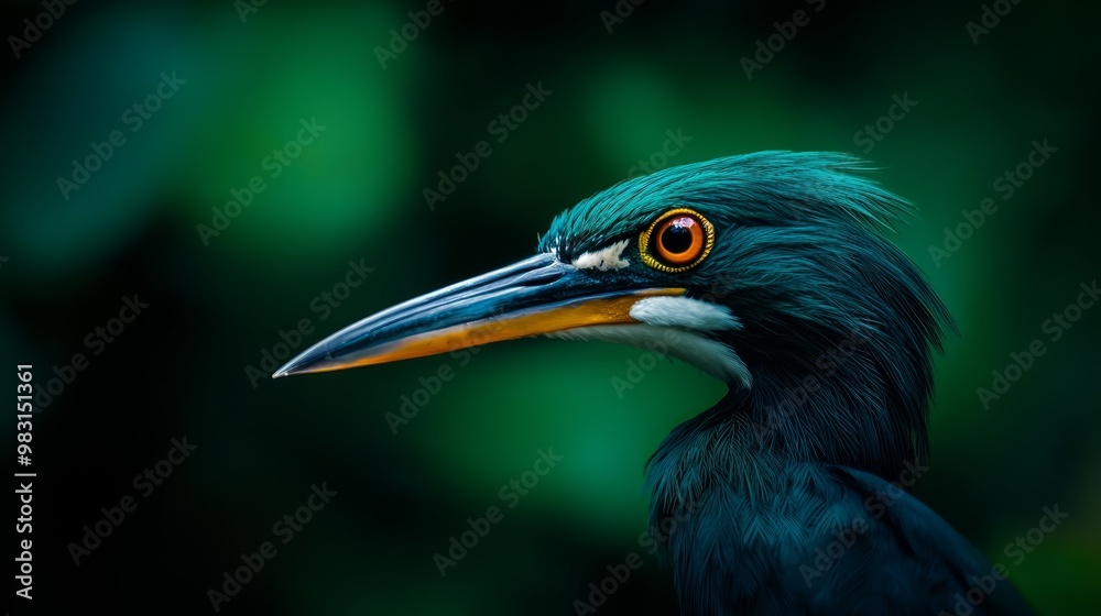 beak yellow, head black, surrounded by green foliage beak yellow, head black, surrounded by green foliage