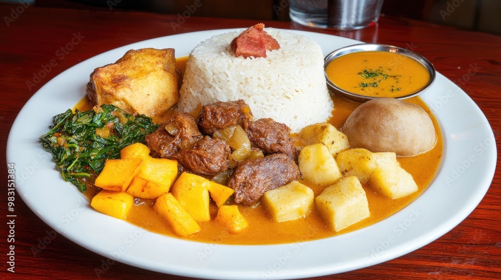A delightful serving of gwamsi, featuring tender pork alongside rice and fresh greens, presented elegantly on a rustic wooden table A delightful serving of gwamsi, featuring tender pork alongside rice and fresh greens, presented elegantly on a rustic wooden table