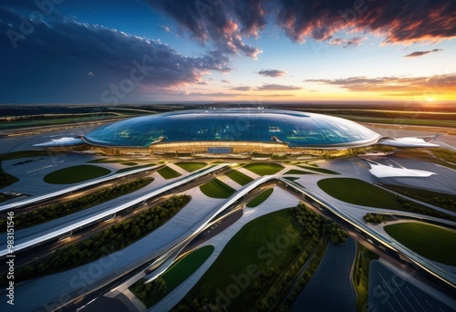 stunning aerial perspectives showcasing innovative modern airport architecture sleek expansive beautiful surrounding landscapes, buildings, design