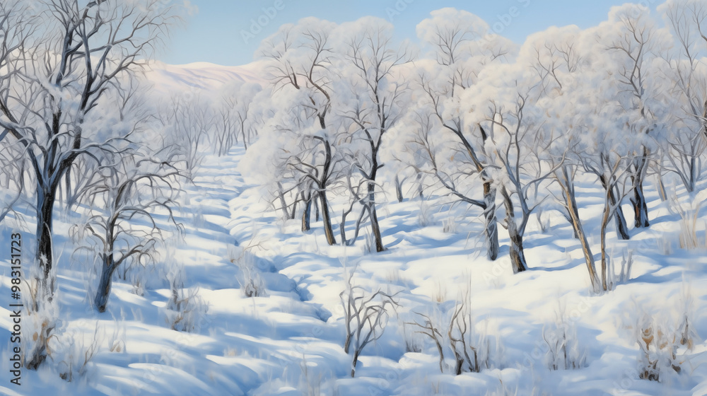 A tranquil winter landscape showcasing frosted trees and serene snow-covered ground at dawn A tranquil winter landscape showcasing frosted trees and serene snow-covered ground at dawn