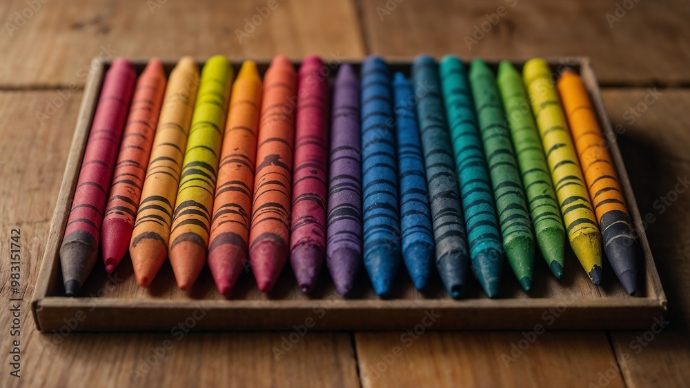 Colorful crayons arranged neatly on a wooden tray with a rustic background copy space Colorful crayons arranged neatly on a wooden tray with a rustic background copy space