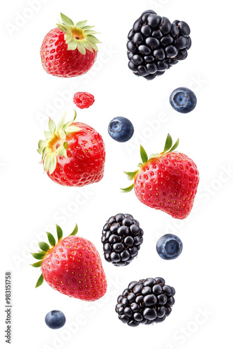 Falling wild berries mix, strawberry, raspberry, blueberry, blackberry, isolated on white background, clipping path, full depth of field