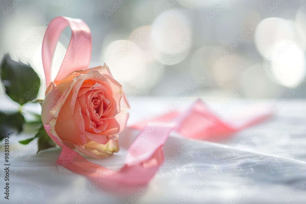 Fototapeta premium Pink Ribbon Tied Rose on White Surface Symbolizing Remembrance and Beauty
