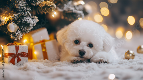 A playful Bichon Frise puppy resting under a beautifully decorated Christmas tree with presents photo