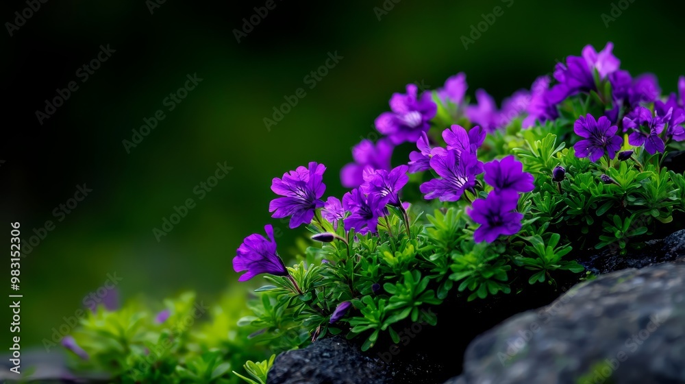 A tight shot of purple blooms emerging from a rock against a backdrop of green and black Foreground features a dark stone A tight shot of purple blooms emerging from a rock against a backdrop of green and black Foreground features a dark stone
