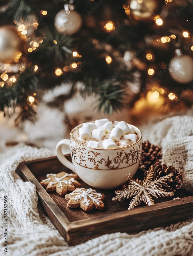 A cozy cup of hot cocoa topped with marshmallows, surrounded by festive cookies and pinecones, set against a beautifully decorated Christmas tree. A cozy cup of hot cocoa topped with marshmallows, surrounded by festive cookies and pinecones, set against a beautifully decorated Christmas tree.