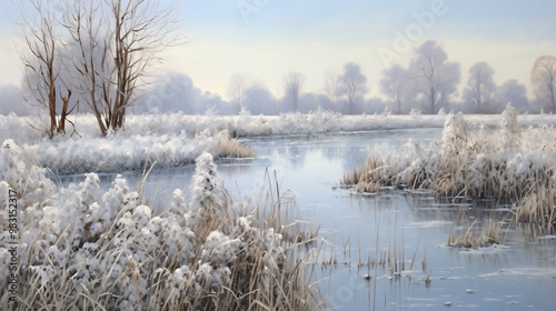 Tranquil winter landscape with frosted trees by a calm body of water in a serene countryside setting