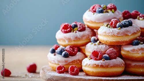 A delightful stack of fresh donuts topped with frosting, raspberries, and blueberries, perfect for any sweet treat lover.