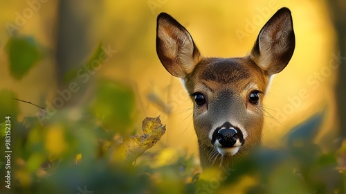  A tight shot of a deer's face amidst a lush field of green and yellow grasses Background comprises trees