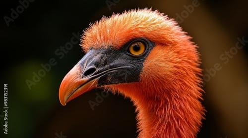  A tight shot of a red and black bird with an vibrant orange beak against a backdrop of black and white