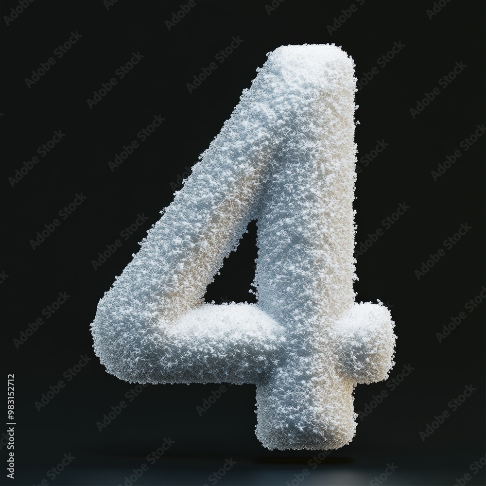 3D number 4 with snow texture realistic modern design, soft lighting, black background. 3D number 4 with snow texture realistic modern design, soft lighting, black background.