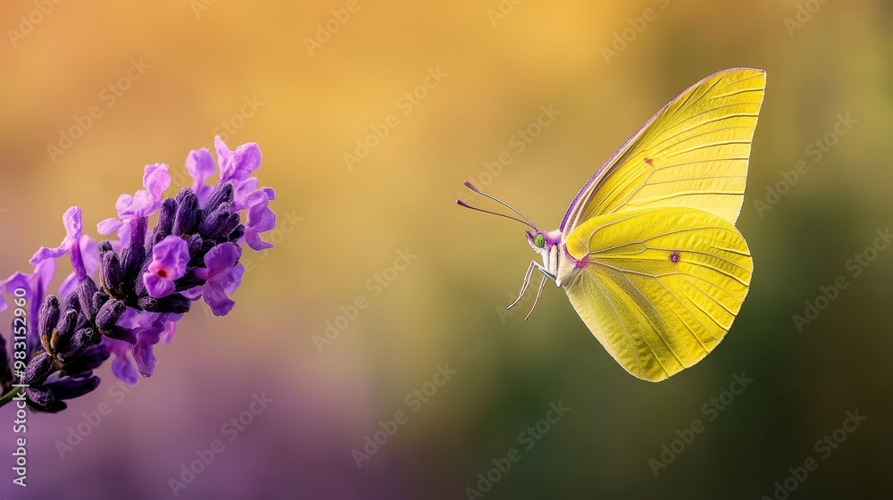 A close-up of a yellow butterfly hovering above a purple flower, surrounded by blurred foreground purple blossoms A close-up of a yellow butterfly hovering above a purple flower, surrounded by blurred foreground purple blossoms