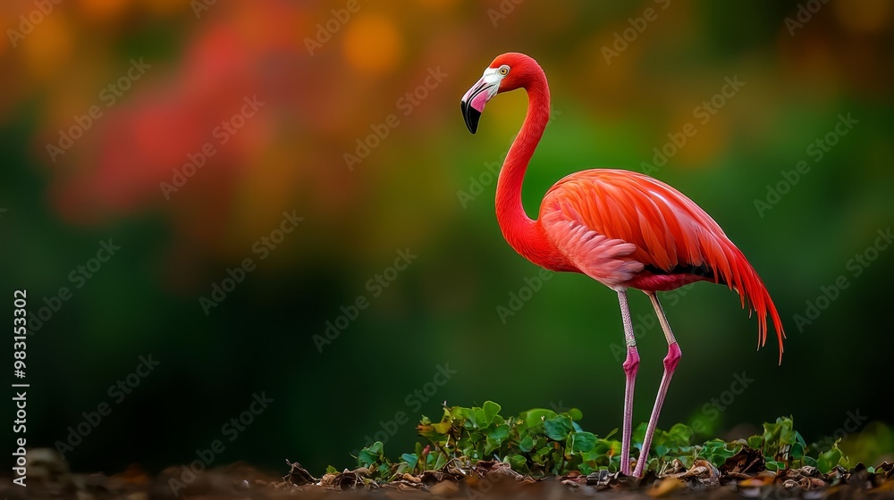 Fototapeta premium A pink flamingo atop a dirt patch, near a verdant forest of green leaves and orange-yellow blooms