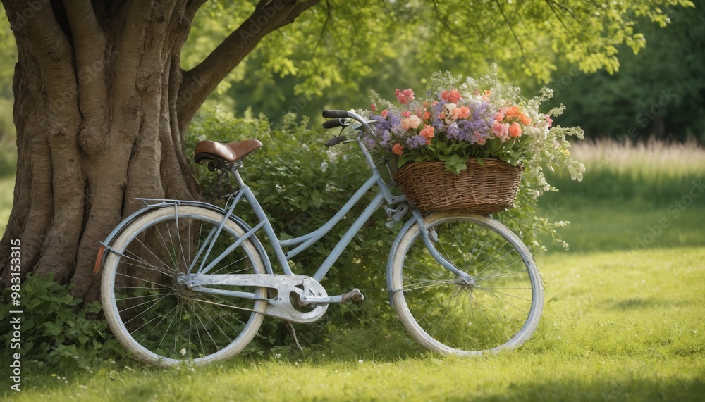 A serene summer afternoon by an old tree featuring a vintage bicycle adorned with a basket of vibrant, blooming flowers A serene summer afternoon by an old tree featuring a vintage bicycle adorned with a basket of vibrant, blooming flowers