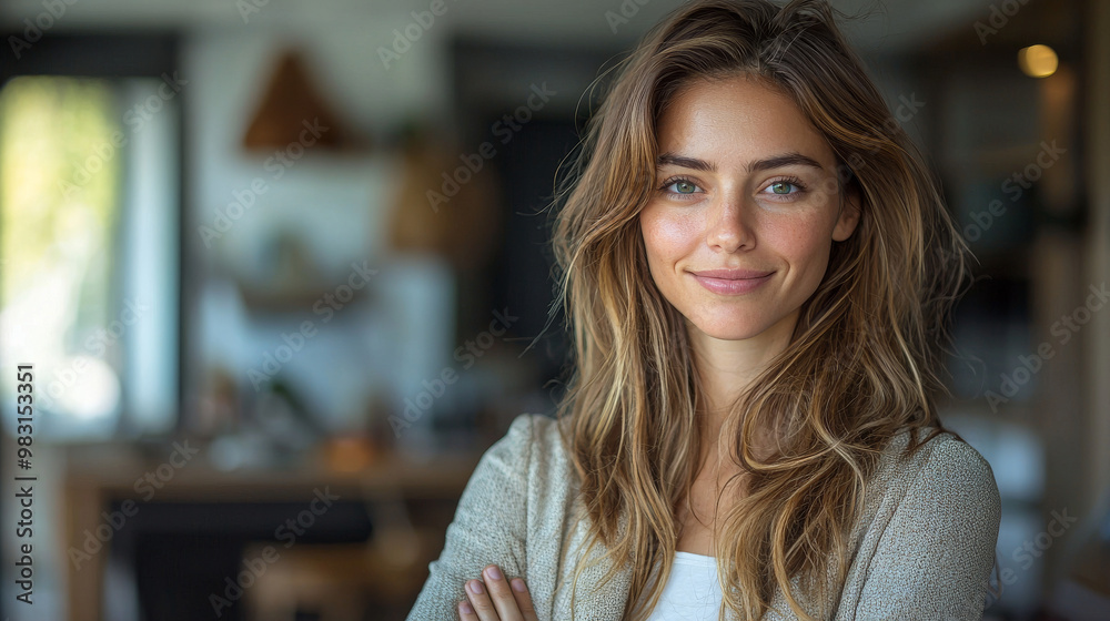 Smiling woman with long blonde hair in a casual setting. Smiling woman with long blonde hair in a casual setting.