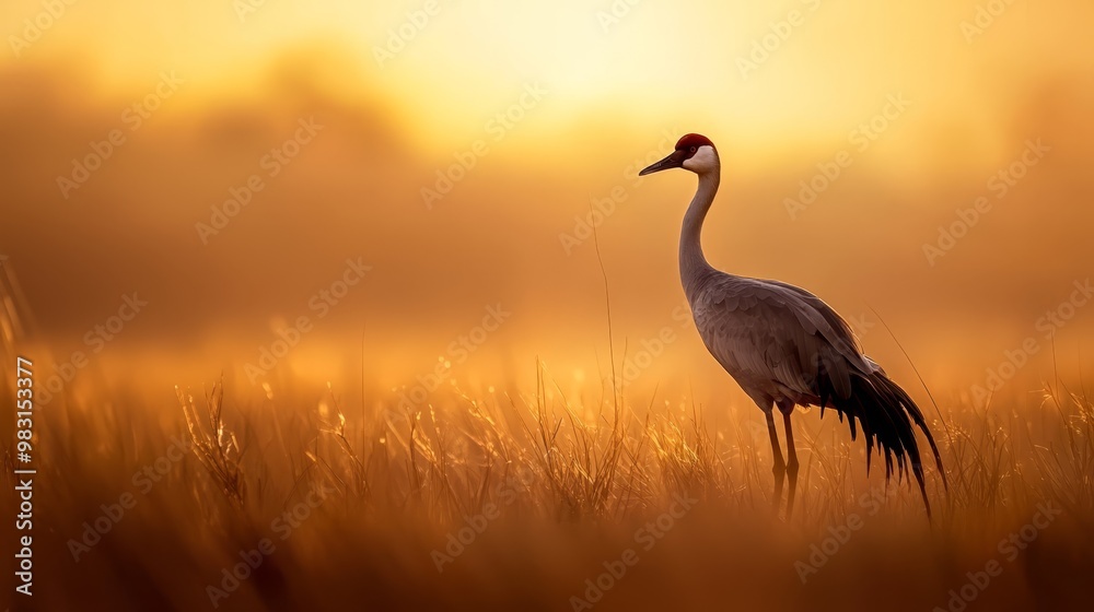 Obraz premium A large bird silhouetted against a field of tall grass as the sun sets in the distance