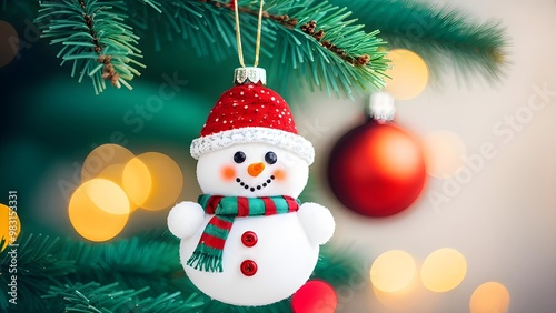 Cute snowman ornament on Christmas tree, festive and joyful, perfect for holiday greetings