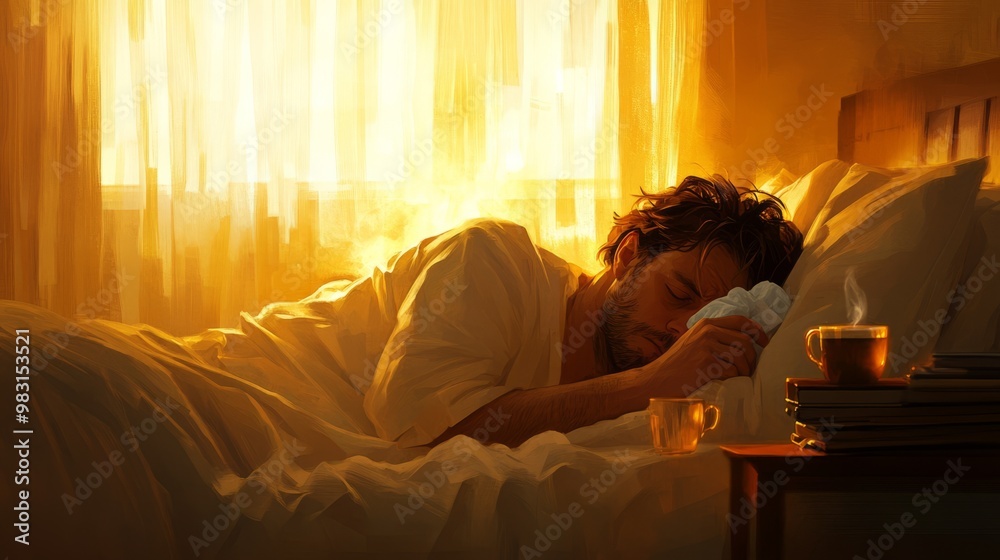 Serene Morning Routine: Man Waking Up in Soft Light Serene Morning Routine: Man Waking Up in Soft Light