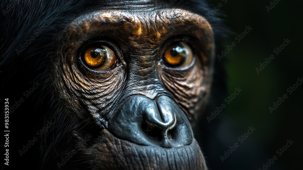 A tight shot of a monkey's face with an intensive expression and yellow eyes A tight shot of a monkey's face with an intensive expression and yellow eyes