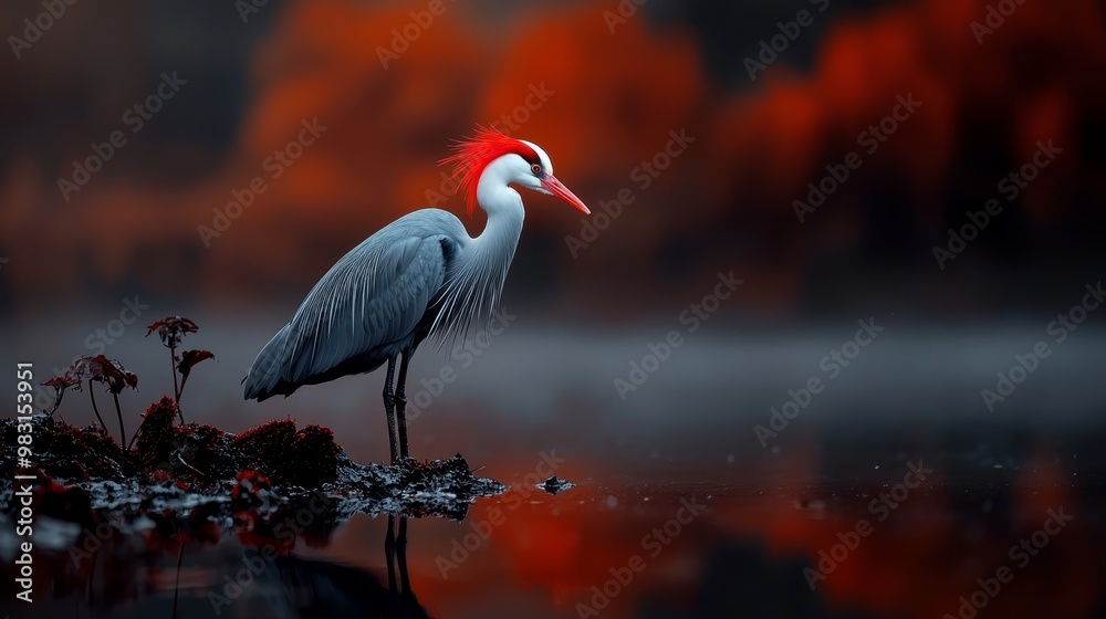 Fototapeta premium A red-headed bird perched on a rock by a tranquil body of water Behind it, a solitary tree stands tall in the backdrop