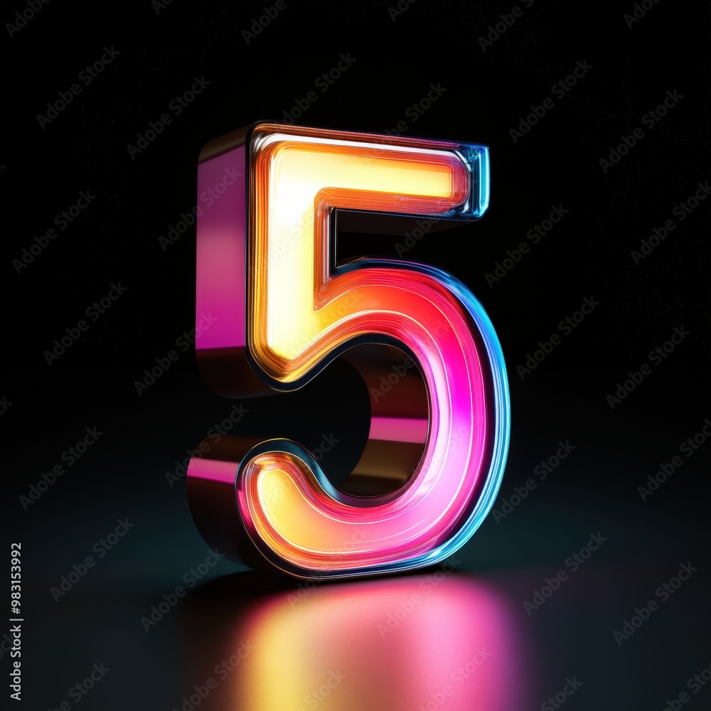 3D number 5 with colored led light texture realistic modern design, soft lighting, black background 3D number 5 with colored led light texture realistic modern design, soft lighting, black background