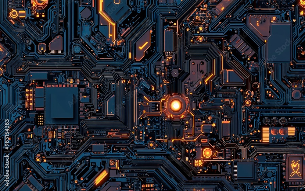 Fototapeta premium Intricate circuit board design with glowing elements in dark tones showcasing advanced technology and engineering